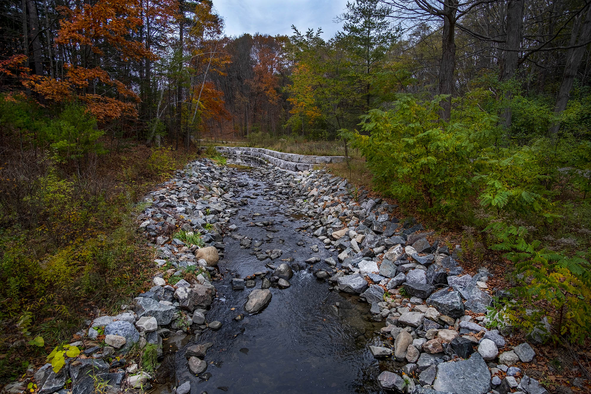 A rocky creek bed with a thin stream of water flowing through it, flanked by autumn trees in shades of orange, red, and green, with a curved stone retaining wall visible in the background